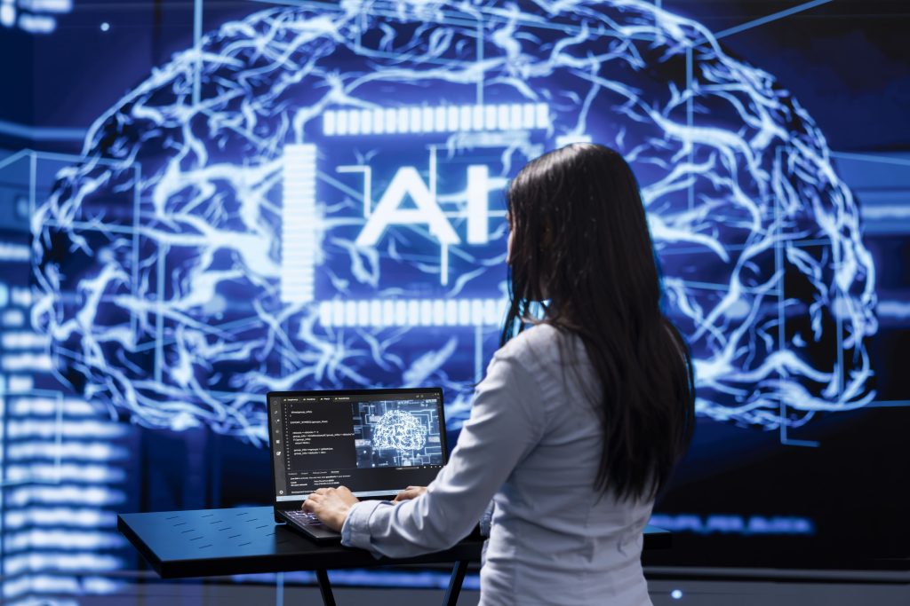 AI brain models on laptop, running simulations